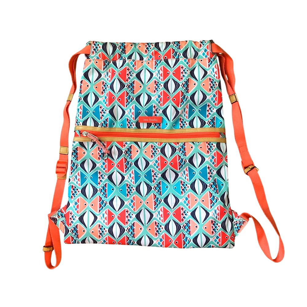 Vera Bradley Fish Print Drawstring‎ Backpack Coral Teal Geometric Beach Gym Bag